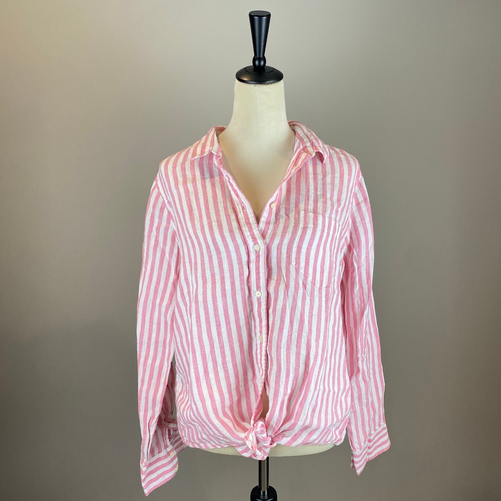J. Crew 100% Linen Shirt Women's Size 14 Tie-front Striped Pink White Coastal